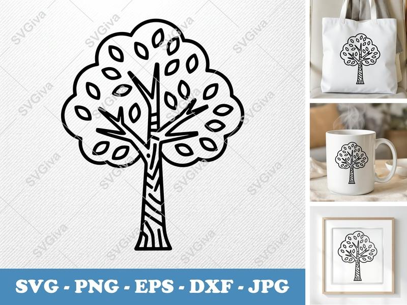 Pecan Tree alone SVG | Double Outline Tree Cut File, Leaves, Branches | PNG DXF EPS for Cricut & Silhouette