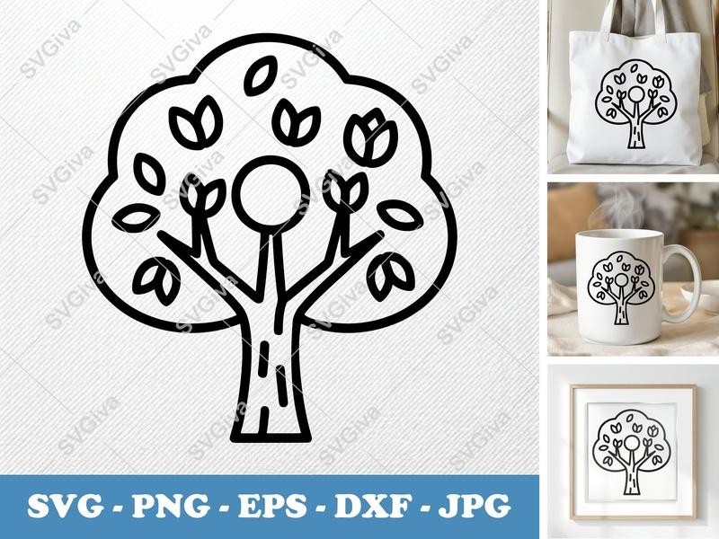 Pecan Tree alone SVG, Rounded Body Outline with White Circle, Friendly Bean-shaped Leaves | PNG EPS DXF for Cricut & Silhouette