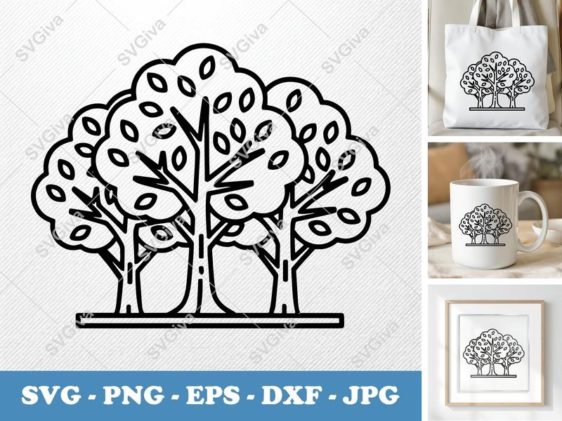 Pecan Tree in a group SVG | Outline Tree Clipart, Nature Vector | PNG EPS DXF for Cricut & Silhouette