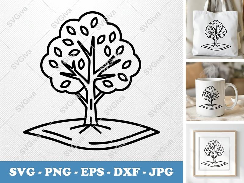 Pecan Tree on a piece of land SVG | Outline Tree Cut File, Nature Clipart, Farmhouse Decor PNG EPS DXF for Cricut Silhouette