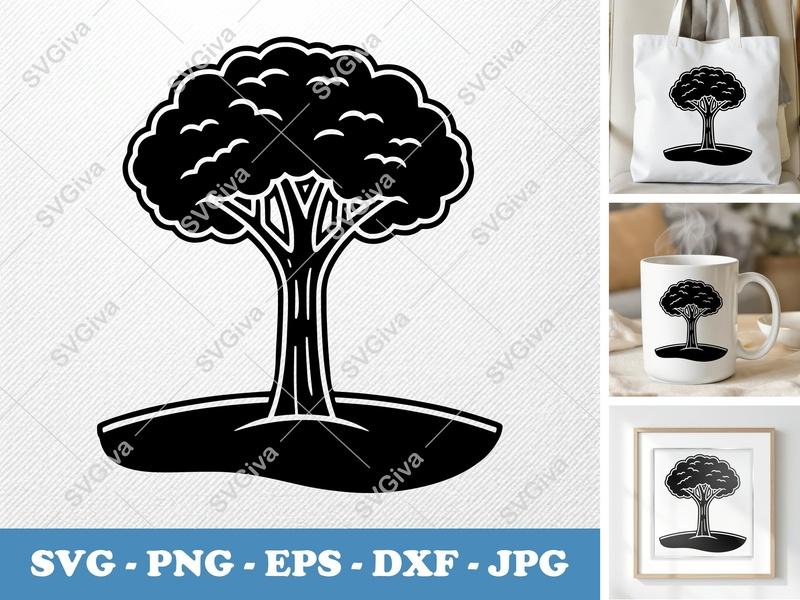 Pecan Tree on a piece of land SVG | Solid Black Fill, White Contour | PNG EPS DXF | Cricut Silhouette Cut File Nature Vector