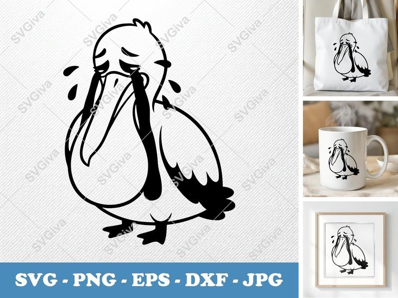 Pelican Crying Cartoon SVG | Sad Bird Clipart PNG EPS DXF | Cricut Silhouette File | Cute Animal Vector Art