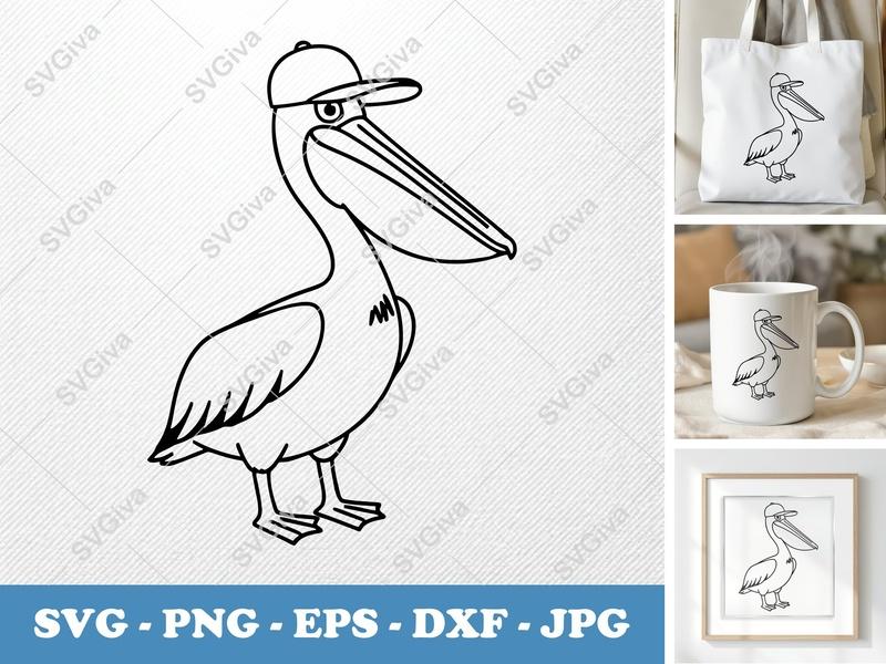 Pelican in a Cap SVG | Friendly Cartoon Bean-Shaped Pelican Cut File | PNG DXF EPS for Cricut Silhouette