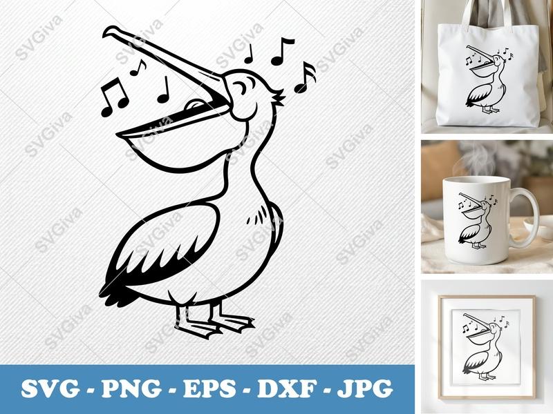 Pelican Singing SVG | Friendly Cartoon Bird Cut File | Rounded Body Bean-Shaped Forms | PNG DXF EPS for Cricut Silhouette