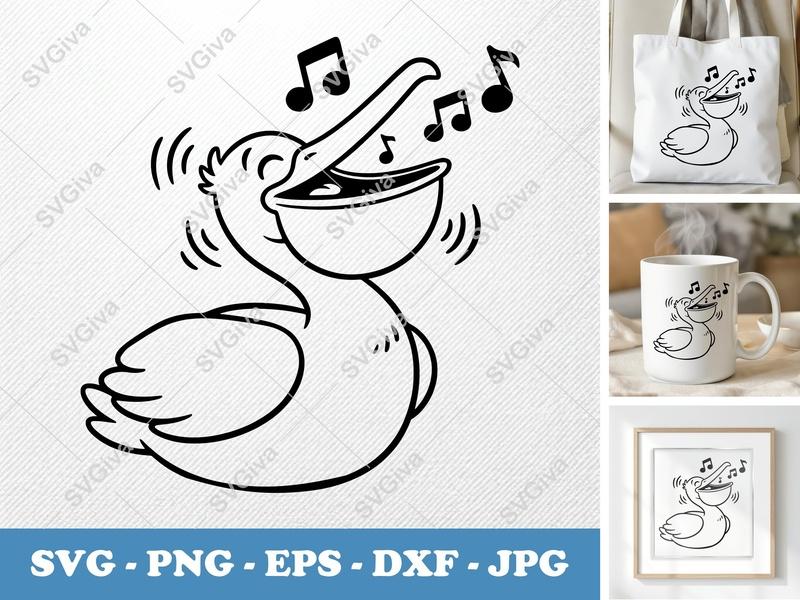 Pelican Singing SVG, Music Notes Clipart, Modern Bird Cut File | PNG EPS DXF for Cricut, Silhouette, Vector Art