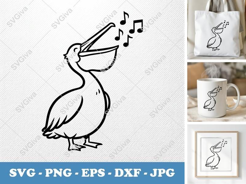 Pelican Singing SVG, Music Notes Clipart, Ocean Bird PNG, EPS, DXF | Cricut & Silhouette Cut File, Modern Animal Vector