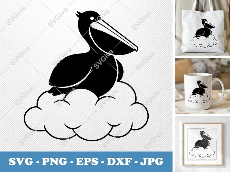 Pelican Sitting on a Cloud SVG | Puffy Cartoon Design | PNG DXF EPS | Cricut Silhouette File