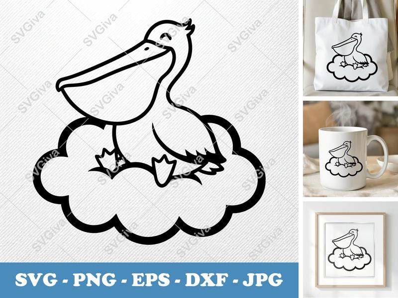 Pelican Sitting on Cloud SVG | Friendly, Rounded Body Cut File | PNG, DXF, EPS for Cricut, Silhouette