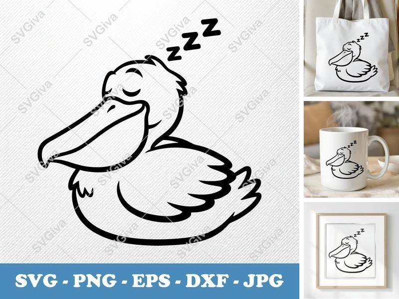 Pelican Sleeping SVG | Puffy Cartoon Pelican PNG DXF EPS | Cricut Silhouette Cut File, Inflated Pillow-Soft Design