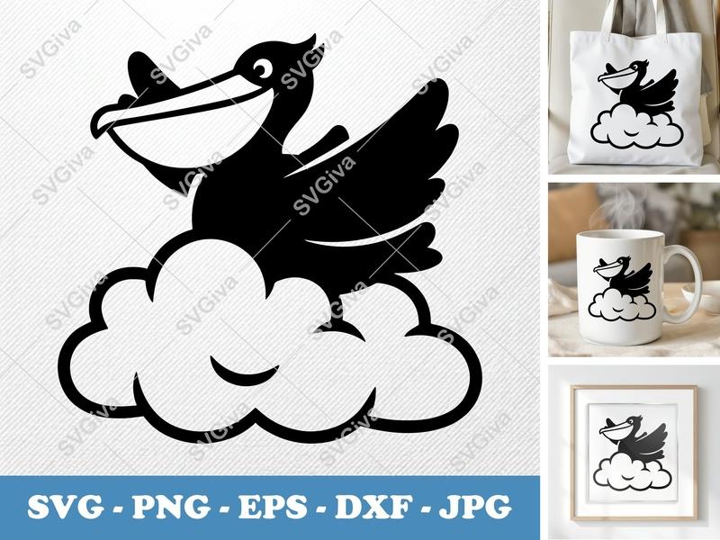 Pelican SVG | Cartoon Bird on Cloud Cut File | PNG EPS DXF for Cricut & Silhouette | Minimalist Design, Animal Clipart