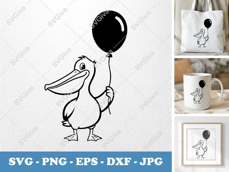 Pelican SVG, Cartoon Pelican with Balloon, Cute Bird Clipart, PNG EPS DXF for Cricut & Silhouette, Digital Download