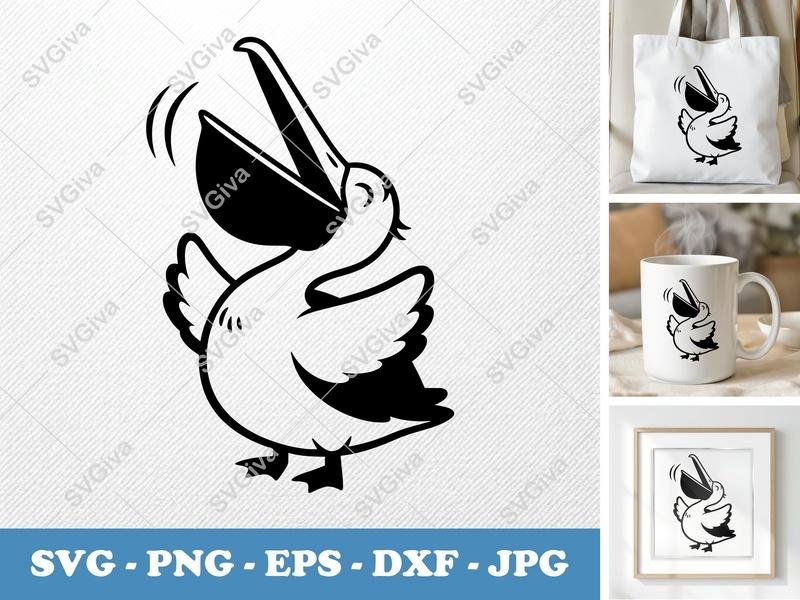 Pelican SVG Cut File | Cartoon Pelican Clipart, Open Mouth Bird | PNG EPS DXF | Cricut Silhouette Vector Art