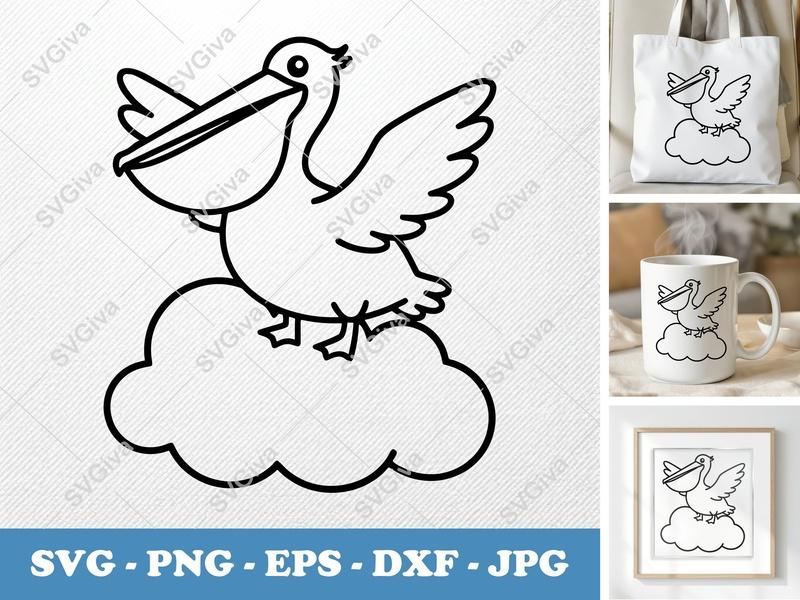 Pelican SVG Cut File, Modern Cartoon Bird Clipart, Cloud Design, PNG EPS DXF for Cricut, Silhouette, Vector Art