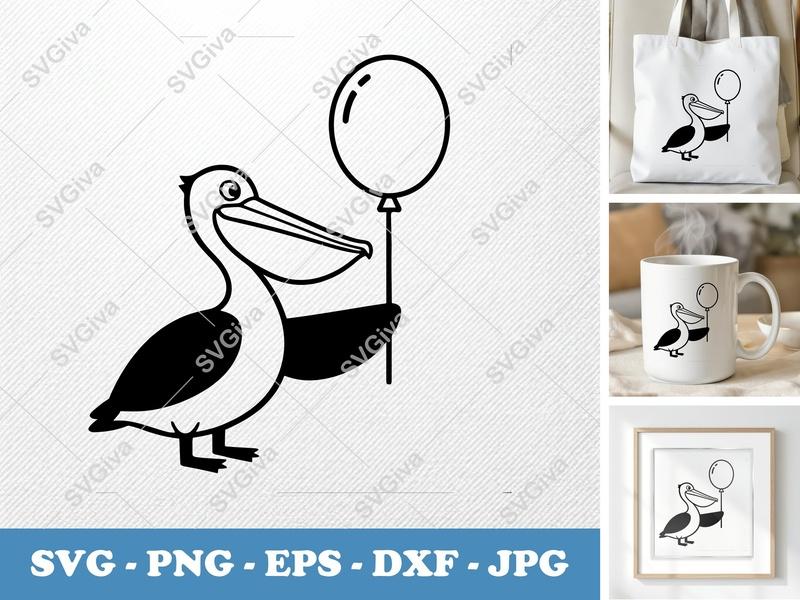 Pelican SVG, Cute Bird with Balloon Clipart, Modern Animal Vector | PNG EPS DXF for Cricut, Silhouette Cut File