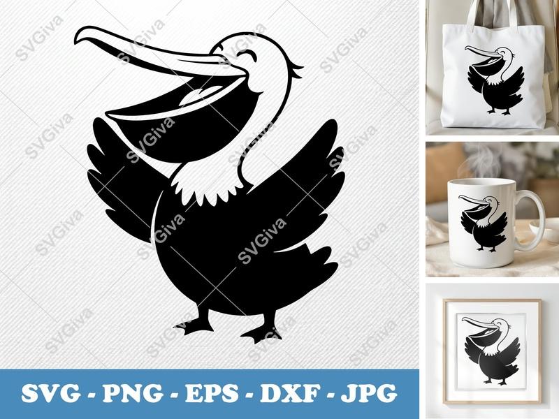 Pelican SVG, Funny Cartoon Pelican, Happy Bird, Open Mouth | PNG EPS DXF | Cricut Silhouette File, Coastal Animal Clipart