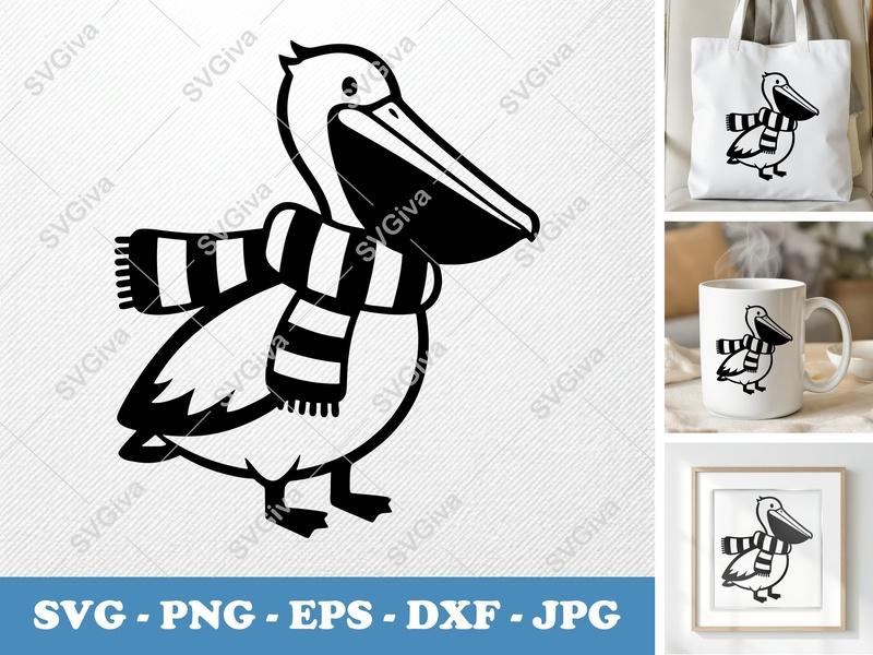Pelican SVG, Modern Cartoon Pelican with Scarf, Cute Bird Clipart | PNG EPS DXF for Cricut, Silhouette, Vector Art