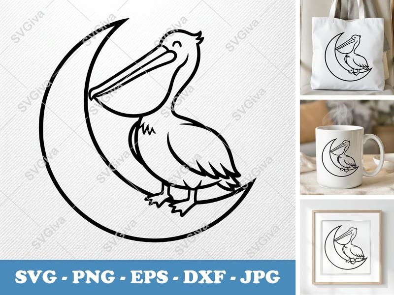 Pelican SVG, Moon Bird Clipart, Happy Pelican | PNG EPS DXF | Cricut & Silhouette Cut File | Nautical Beach Ocean Animal Vector