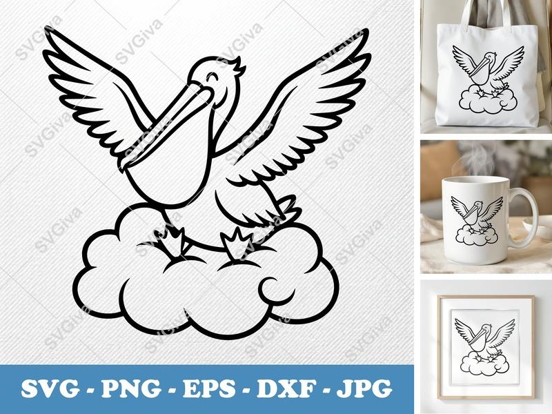 Pelican SVG on Cloud | Cute Pelican Cut File, Flying Bird Vector, SVG, PNG, EPS, DXF for Cricut, Silhouette, Decal, Clipart