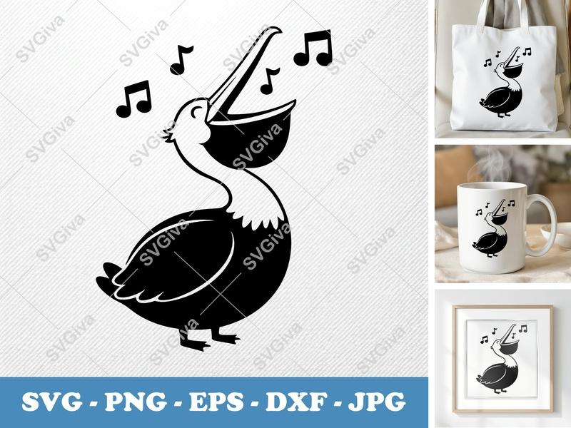 Pelican SVG Singing Bird Clipart, Modern Music Notes Design | PNG EPS DXF for Cricut, Silhouette, Coastal Craft File