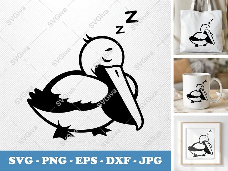 Pelican SVG Sleeping | Cartoon Bird Cut File with Z's | PNG EPS DXF for Cricut, Silhouette | Modern Nautical Clipart