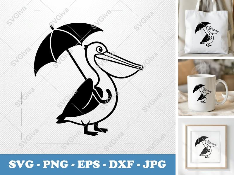 Pelican SVG | Umbrella Bird Cut File | Modern Cartoon Animal | PNG EPS DXF for Cricut, Silhouette