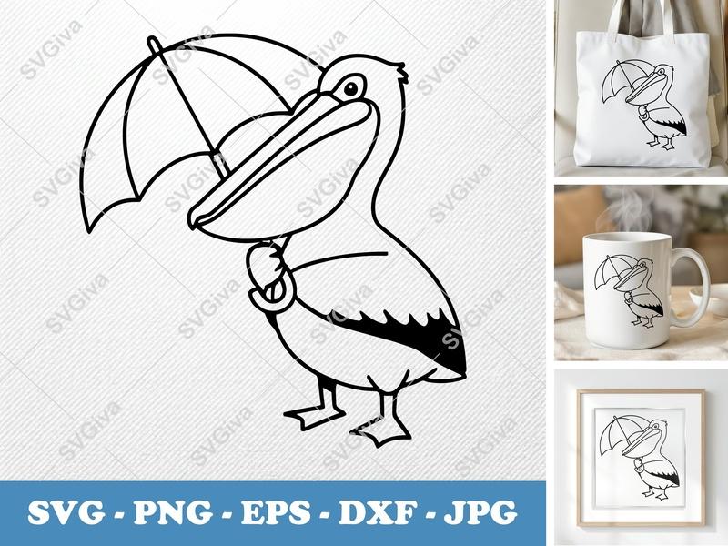 Pelican SVG, Umbrella Clipart, Cute Bird Vector, Modern Design | PNG EPS DXF for Cricut, Silhouette Cut File