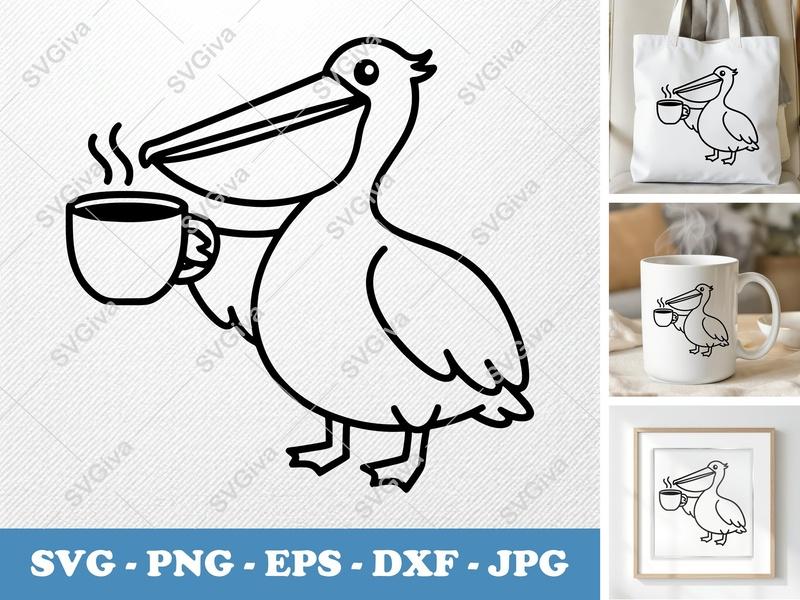 Pelican SVG with Coffee Cup, Modern Design, Pelican Clipart, Bird Vector | PNG, EPS, DXF for Cricut & Silhouette
