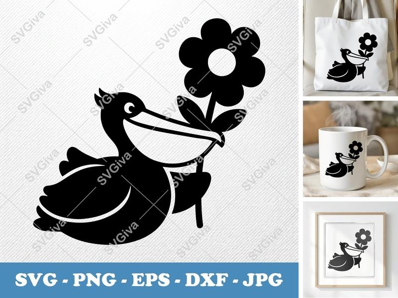 Pelican SVG with Flower, Cute Bird Clipart, Digital Download, PNG EPS DXF for Cricut, Silhouette, Vector Cut File