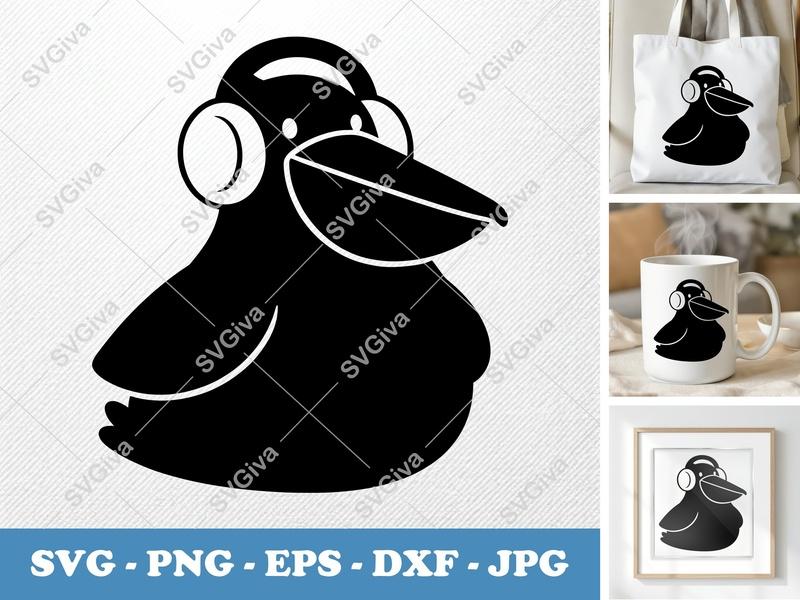Pelican SVG with Headphones | Modern Bird Clipart | Digital Cut File for Cricut, Silhouette | PNG, EPS, DXF Included