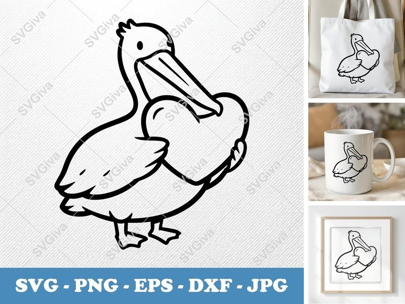 Pelican SVG with Heart | Cute Cartoon Pelican Clipart, Love Bird Cut File | PNG, EPS, DXF for Cricut & Silhouette