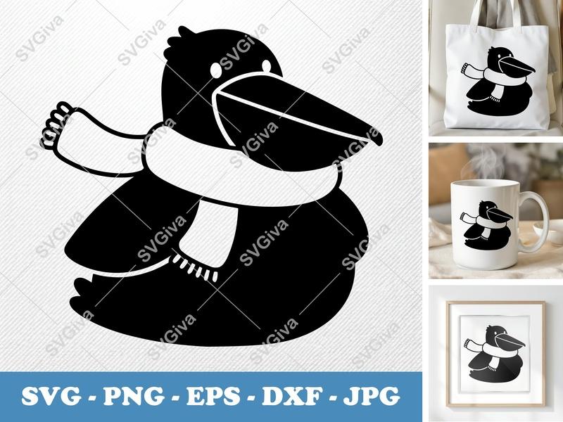 Pelican SVG with Scarf | Cute Winter Bird Clipart | Modern Clean Design | EPS, DXF, PNG for Cricut & Silhouette