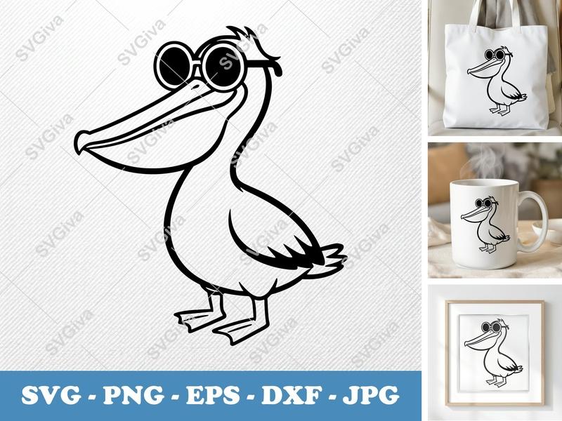 Pelican SVG with Sunglasses | Modern Bird Clipart | Digital Cut File for Cricut, Silhouette | PNG EPS DXF Vector