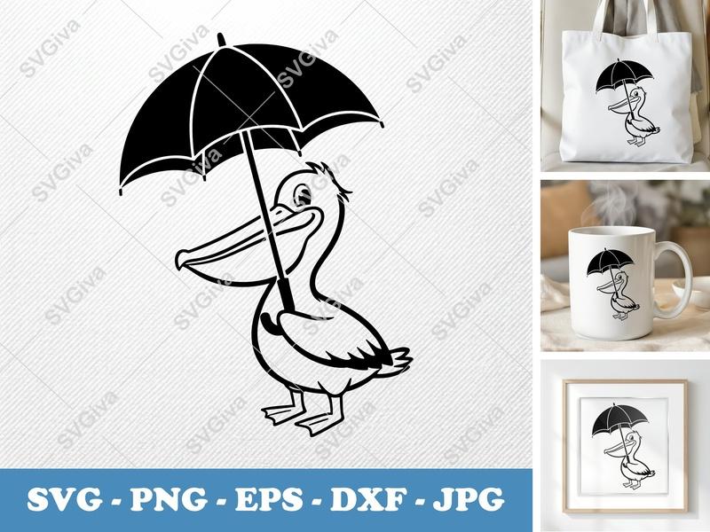 Pelican SVG with Umbrella, Cartoon Bird Clipart, Beach Animal Cut File | PNG EPS DXF for Cricut Silhouette