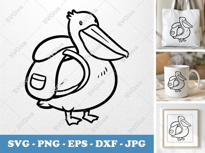 Pelican Wearing Backpack SVG | Puffy Cartoon Design | Inflated Look Cut File for Cricut, Silhouette | PNG, DXF, EPS