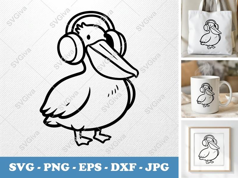 Pelican Wearing Headphones SVG | Puffy Smooth Shapes | Inflated Pillow-Soft Design | PNG DXF EPS | Cricut Silhouette File