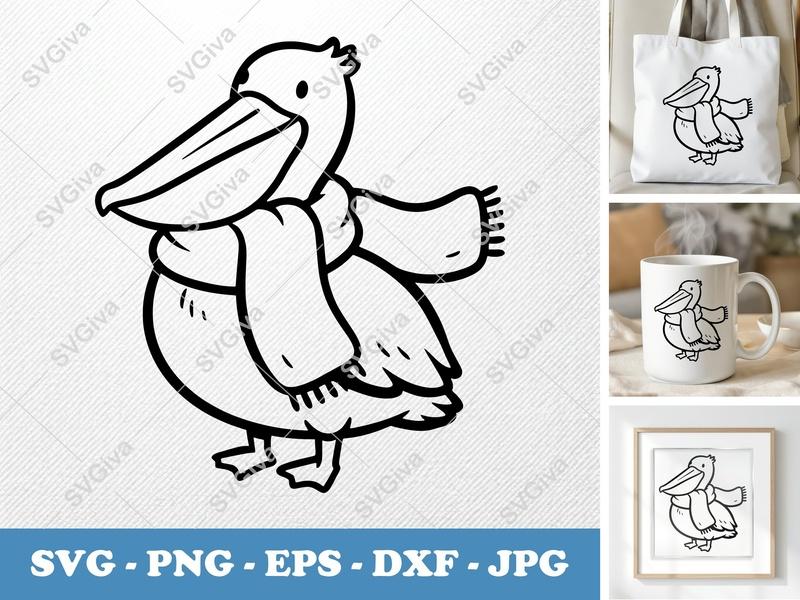 Pelican Wearing Scarf SVG, Puffy Inflatable Design, PNG DXF EPS | Cricut Silhouette Cut File