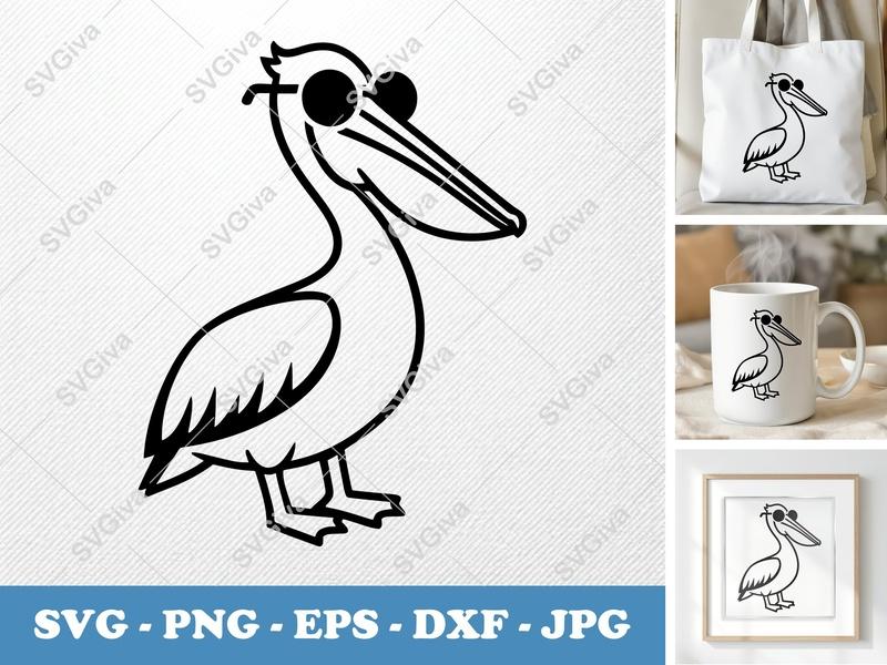Pelican wearing sunglasses SVG | Simple Character Minimalist Cut File | PNG DXF EPS for Cricut Silhouette