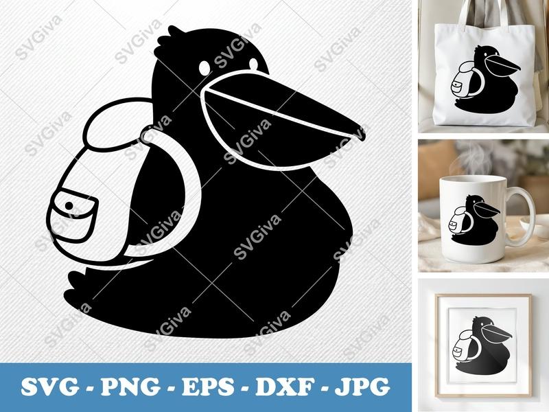 Pelican with Backpack SVG, Modern Clean Design PNG EPS DXF | Cricut, Silhouette Cut File | Cute Bird Clipart Vector