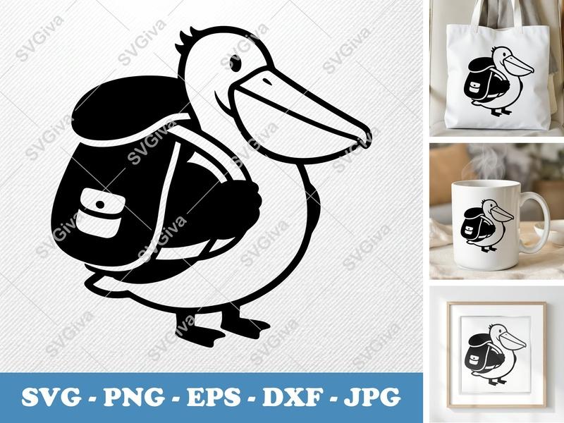 Pelican with Backpack SVG, PNG, EPS, DXF | Cute Modern Bird Cut File | Cricut & Silhouette Design