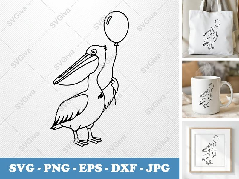 Pelican with Balloon SVG | Friendly Bean-Shaped Forms | PNG DXF EPS | Cricut Silhouette Cut File