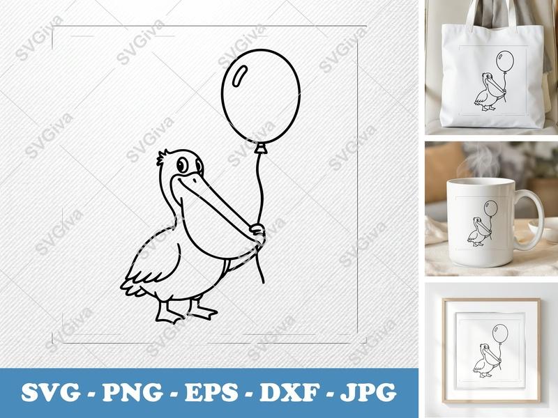 Pelican with Balloon SVG | Modern Line Art Cut File | PNG EPS DXF for Cricut, Silhouette | Bird Clip Art Vector