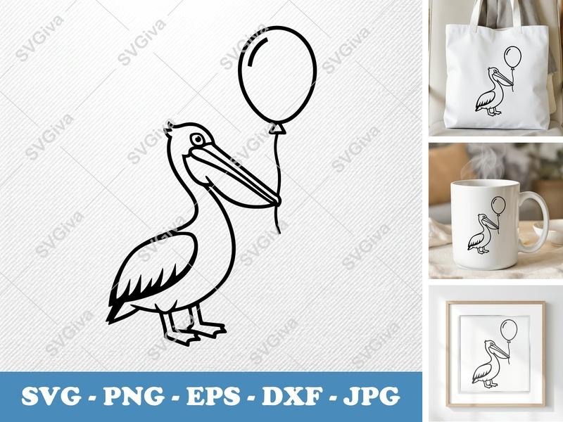 Pelican with Balloon SVG | Simple Minimalist Cut File | Bold Black Contour, Clean White Fill | PNG, DXF, EPS for Cricut & Silhouette