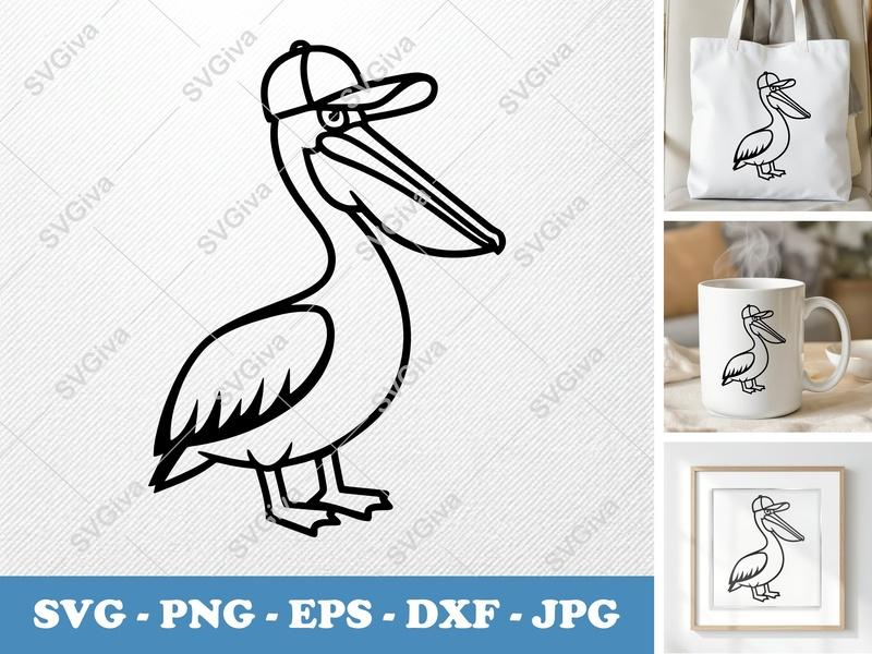 Pelican with Cap SVG | Bold Contour Minimalist Cut File | PNG DXF EPS | Cricut Silhouette Design