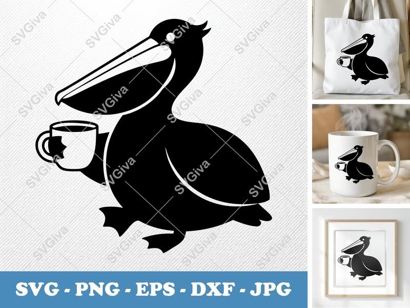 Pelican with Coffee Cup SVG | Puffy Pillow Soft | PNG DXF EPS | Cricut Silhouette Cut File | Coffee Lover Bird