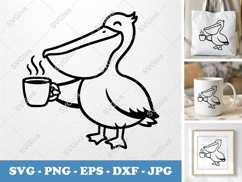 Pelican with Coffee Cup SVG | Rounded Bean-Shaped Design | PNG DXF EPS | Cricut Silhouette File