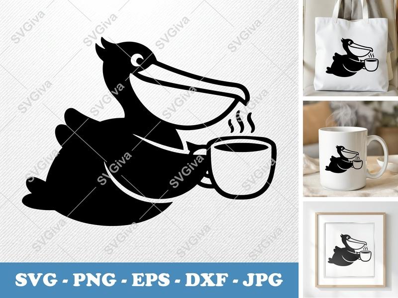 Pelican with Coffee SVG | Clean Modern Design | PNG EPS DXF | Cricut Silhouette Cut File