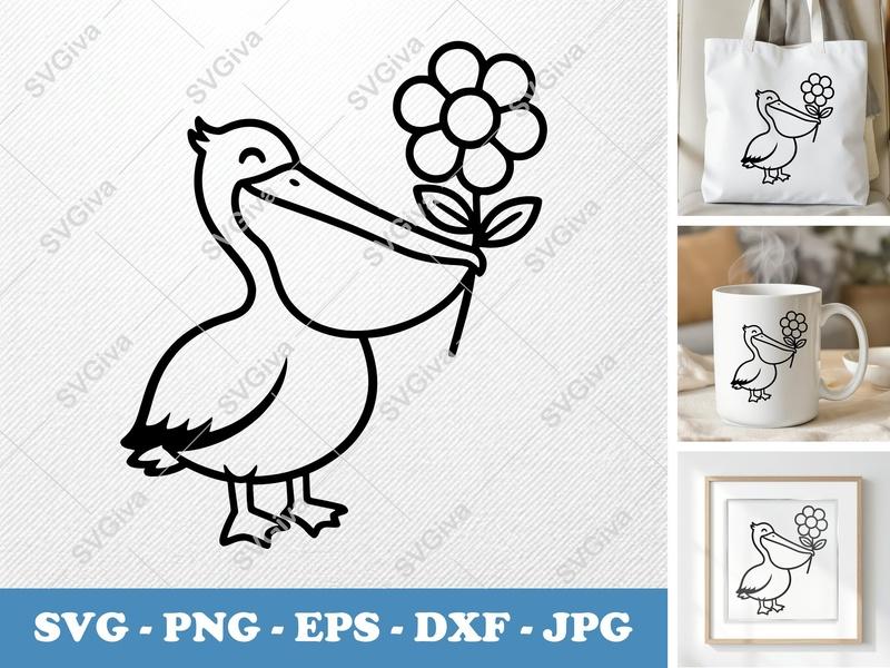 Pelican with Flower SVG, Cute Bird DXF, Modern Line Art PNG, EPS | Cricut | Silhouette Cut File, Pelican Clipart, Beach Decor