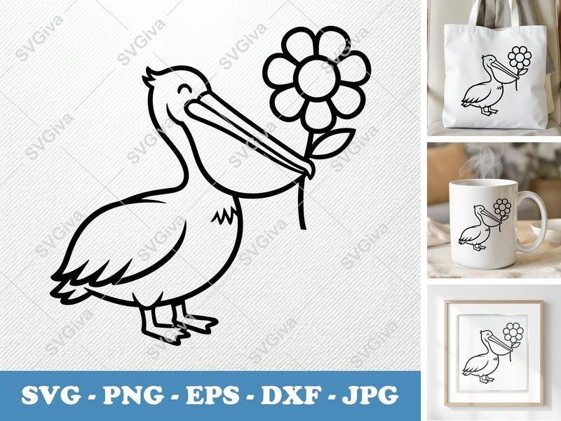 Pelican with Flower SVG, Modern Clean Line Art, Bird Clipart | PNG EPS DXF | Cricut Silhouette File