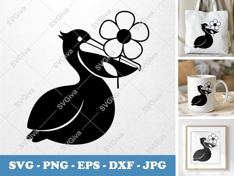 Pelican with Flower SVG | Puffy Inflated Shapes | No Sharp Corners | PNG DXF EPS | Cricut Silhouette File