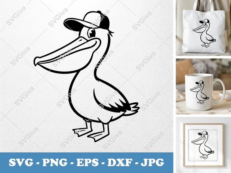 Pelican with Hat SVG | Cartoon Bird DXF, EPS, PNG | Modern Clean Cut File for Cricut, Silhouette | Animal Clipart | Beach Sea